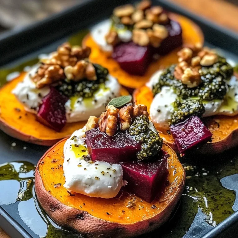 Sweet Potato Rounds with Burrata, Roasted Beets, and Walnut Sage Pesto