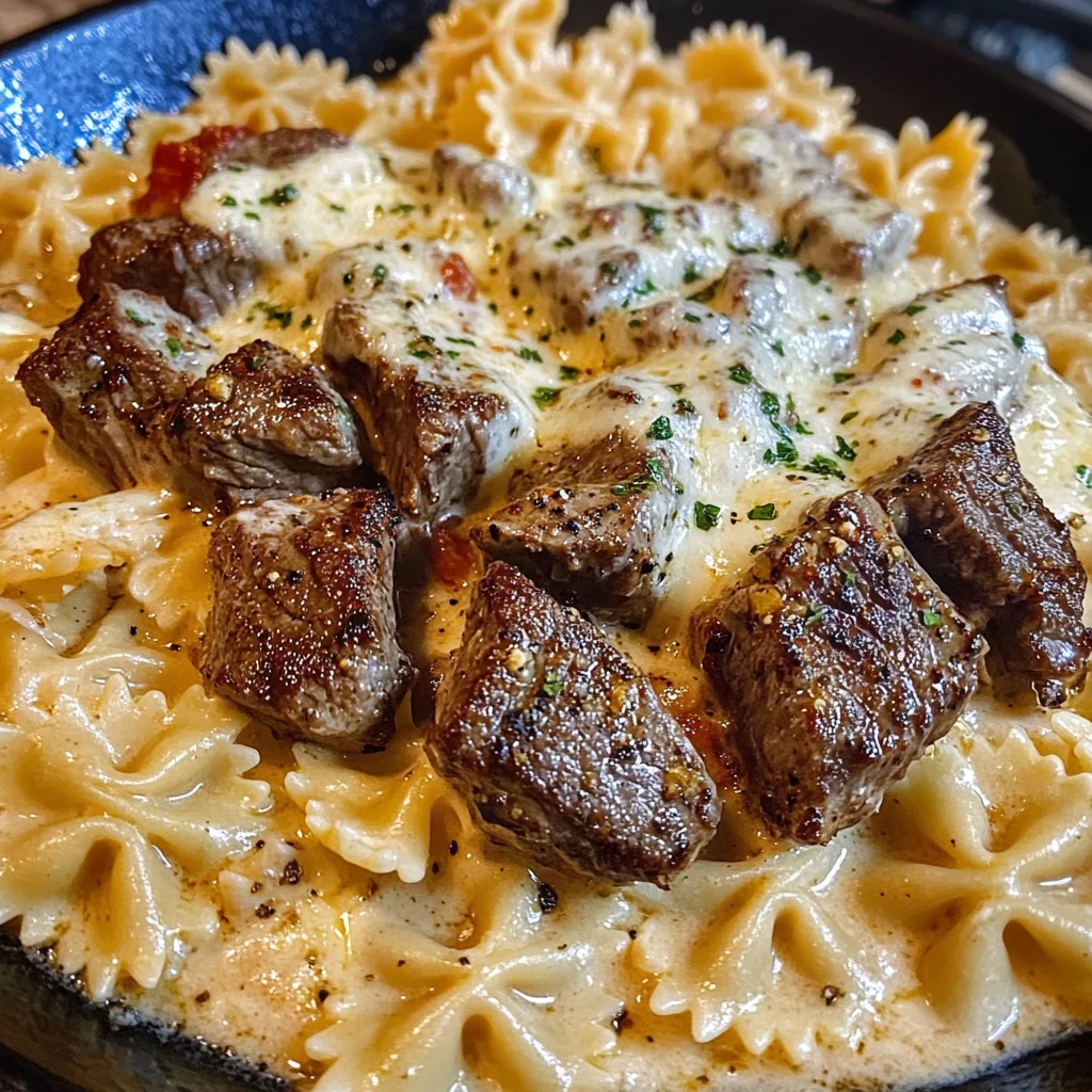 Cajun Steak Tips with Cheesy Parmesan Bowtie Pasta