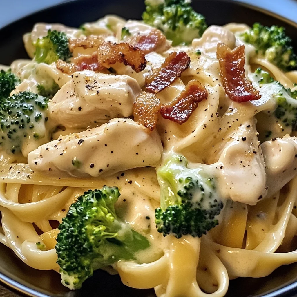 Chicken Bacon Alfredo Fettuccine with Broccoli