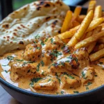 Creamy Butter Chicken with Garlic Drizzle, Fries & Warm Naan