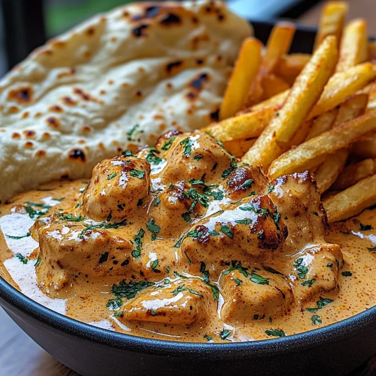 Creamy Butter Chicken with Garlic Drizzle, Fries & Warm Naan
