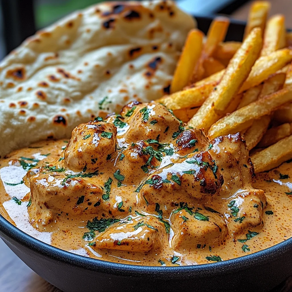 Creamy Butter Chicken with Garlic Drizzle, Fries & Warm Naan