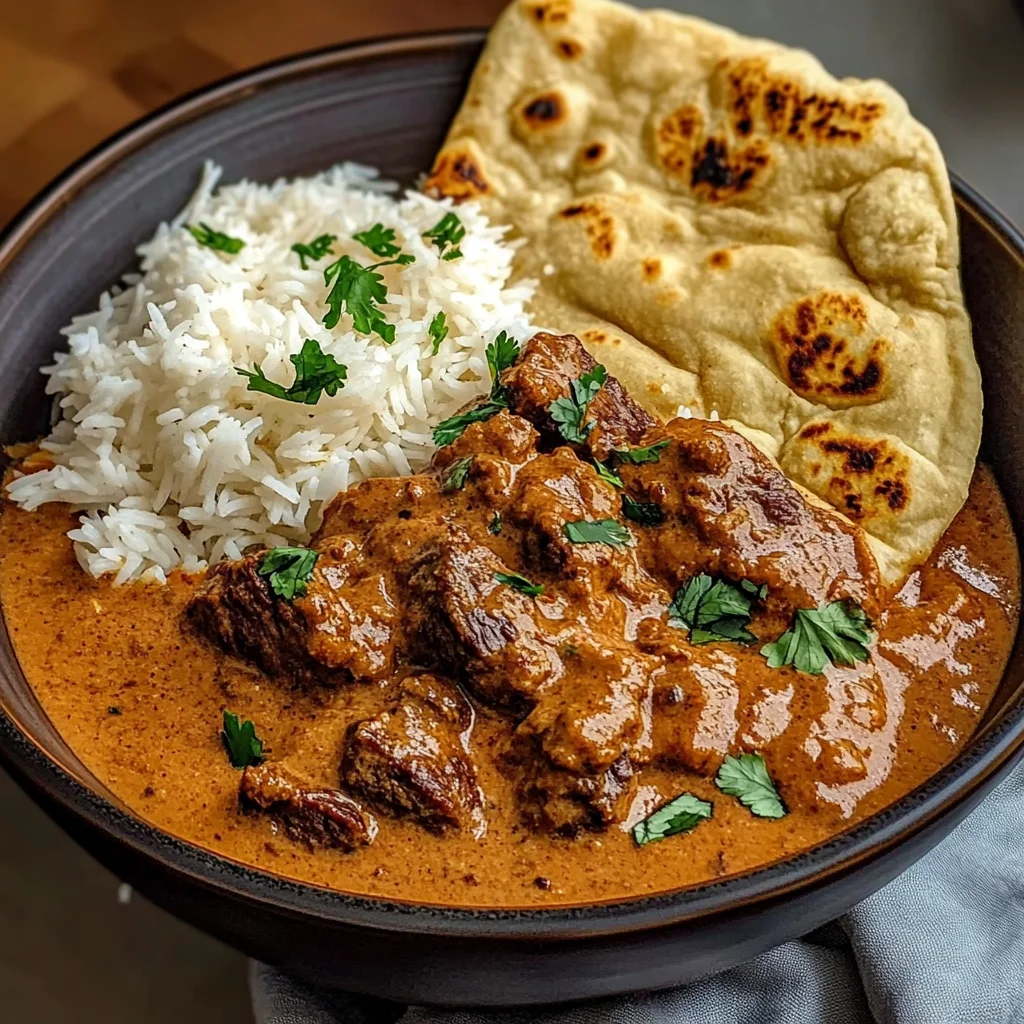 Creamy Coconut Curry Beef with Rice and Garlic Naan