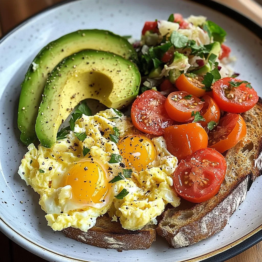 Scrambled Egg & Avocado Plate with Tomato Salad & Sauerkraut