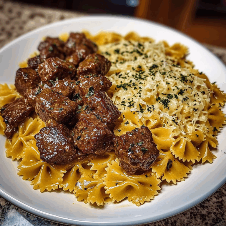 Beef and Bowtie Pasta in Cheddar Sauce