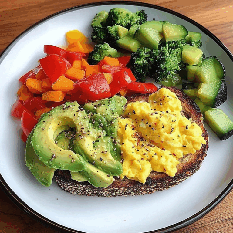 Rainbow Avocado Toast with Scrambled Eggs & Veggie Medley